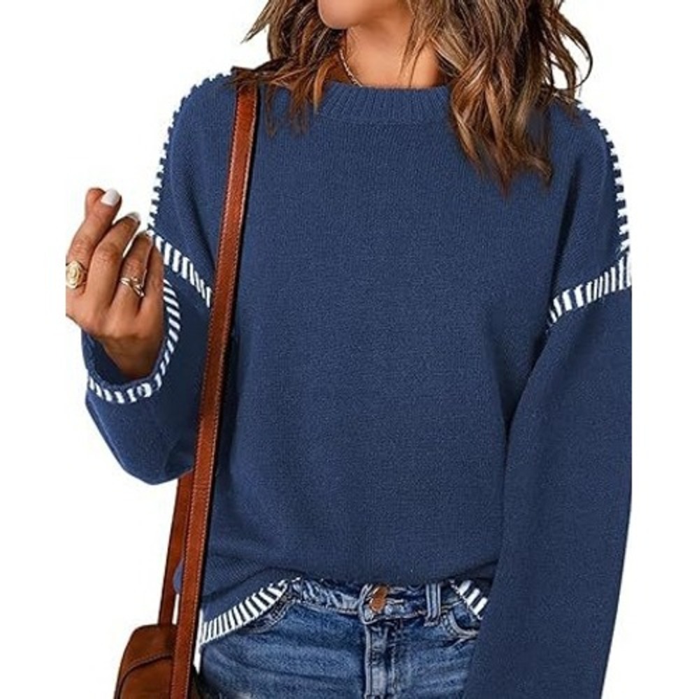 NWT Dokotoo Sweater Size L Blue Contrast Stitch Crewneck Long Sleeve Pullover
